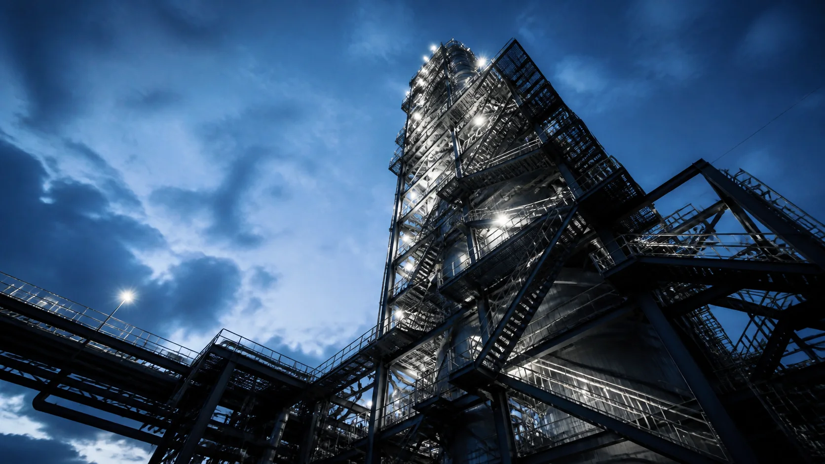Fictional illuminated processing tower and access steelwork at blue hour
